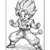 A cartoon character with spiky hair and a happy expression, wearing a martial arts uniform with a belt and a tail, striking a fighting pose. He has a logo on his uniform and is depicted in a black and white outline style, suitable for coloring.