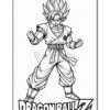 A black and white line drawing of a muscular anime character with spiky hair, wearing a martial arts gi and striking a powerful pose with clenched fists. The character is labeled 