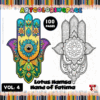 Colorful illustration of the Lotus Hamsa Hand of Fatima featured on a Mandala coloring book page from artcoloringpage.com.