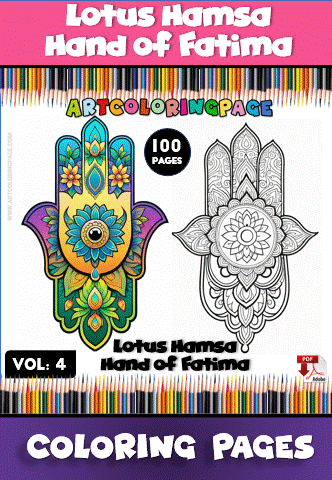 Colorful illustration of the Lotus Hamsa Hand of Fatima featured on a Mandala coloring book page from artcoloringpage.com.