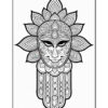 A black and white line drawing of a stylized face with a floral headdress, featuring intricate patterns and designs, set against a plain white background.