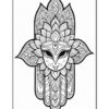A detailed black and white line art illustration depicting a symmetrical design featuring a stylized face with decorative elements, including petals and patterns, set against a plain background.