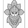A detailed black and white illustration of a stylized owl with ornate features, surrounded by floral and leaf patterns, creating a symmetrical design.