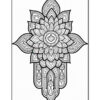 A detailed black and white mandala design with a central circular motif surrounded by intricate floral elements and symmetrical patterns extending outward, set against a plain background.
