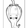 A cute, cartoon-style pumpkin character with a smiling face and a small hand waving, outlined for coloring. The pumpkin has a curved shape with distinctive ridges and a short stem on top.