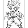 A cartoon character with spiky hair styled in a large upward formation, wearing a martial arts outfit with a belt and boots, posed in a fighting stance. The character has a playful expression and a long, thin tail visible at the back.