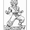 A stylized black and white illustration of a muscular anime character with spiky hair, wearing traditional martial arts clothing and striking a powerful pose, featuring the text 
