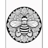 A black and white illustration of a bee surrounded by intricate floral patterns, enclosed in a circular design.