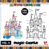 Coloring pages featuring a colorful magic castle and its black-and-white outline for coloring, from artcoloringpage.com.