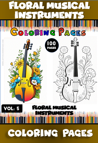 Floral musical instruments coloring pages featuring intricate designs, perfect for a cozy coloring book experience on artcoloringpage.com.
