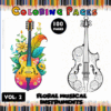 Coloring pages featuring floral musical instruments from a cozy coloring book, available on artcoloringpage.com.