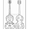 A line art illustration of a decorative violin from the front and back, featuring floral designs on both sides, including flowers and intricate details on the body and neck.