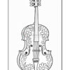 A detailed black and white outline illustration of a violin decorated with floral patterns, including flowers and leaves, presented against a simple border.