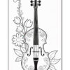 A decorative illustration of a violin surrounded by flowers and leaves, featuring intricate floral patterns on the body of the instrument.