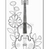 A decorative black and white illustration of a stringed instrument, resembling a violin or a similar type, surrounded by flowers and leaves, with intricate floral designs on the instrument's body.