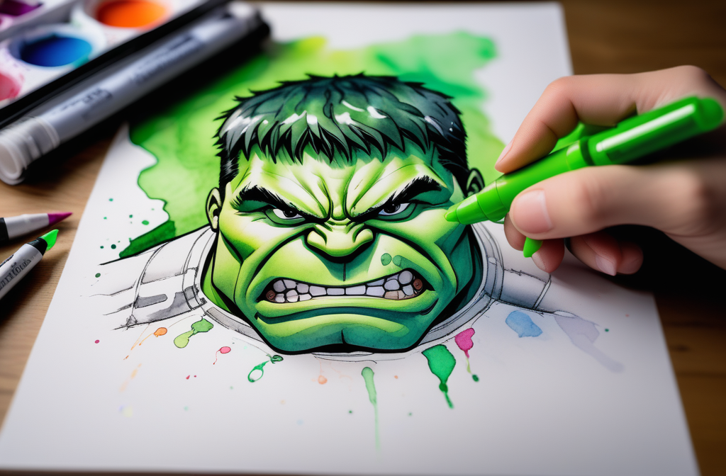 A colorful illustration of a muscular green character with an angry expression, being colored with green markers by a hand. The background features splashes of paint in various colors.