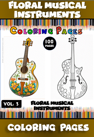 Floral musical instruments coloring pages showcasing a guitar and violin, designed for a cozy coloring book experience at artcoloringpage.com.