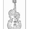 A stylized black and white illustration of a violin featuring floral decorations on its body, with flowers like daisies integrated into the design, showcasing the instrument's elegant shape.