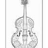 A detailed line drawing of a violin decorated with floral patterns, showing the body, neck, and strings.