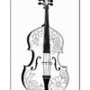 A decorative black-and-white illustration of a violin, adorned with floral patterns including various flowers on its body, creating a harmonious blend of music and nature.