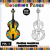 Floral musical instruments coloring pages from a cozy coloring book, featuring a colorful violin and outline for coloring.