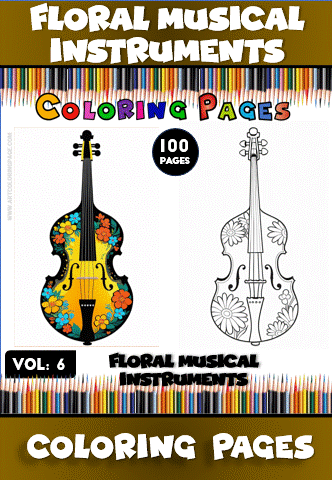 Floral musical instruments coloring pages from a cozy coloring book, featuring a colorful violin and outline for coloring.