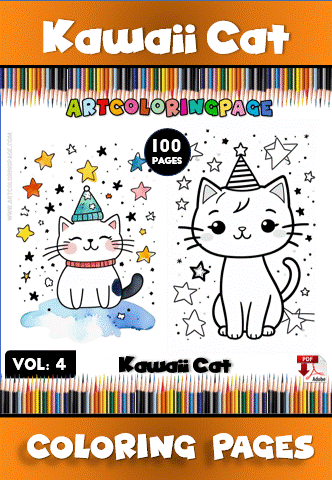 Kawaii cat coloring page featuring two cute cats with festive hats and stars, from artcoloringpage.com’s cozy coloring book series.
