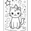 A cute cartoon-style cat wearing a party hat is sitting on a cloud surrounded by stars and whimsical shapes, featuring large expressive eyes and a smiling face.