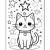 A cute cartoon cat with a collar, sitting on a small platform surrounded by various stars and small decorative dots in a simple black and white outline style for coloring.