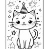 A cute, cartoon-style cat wearing a party hat, surrounded by stars and confetti, in a coloring book style with bold outlines suitable for coloring.