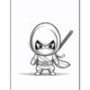 A cartoon-style ninja character in a white outfit with a belt and a flowing scarf, standing confidently with a sword in hand, illustrated in black and white line art on a plain background.