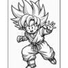 A cartoon character with spiky hair, wearing a martial arts outfit, is jumping and waving with a cheerful expression. The character features a large head, small body, and exaggerated facial features, typical of anime style.
