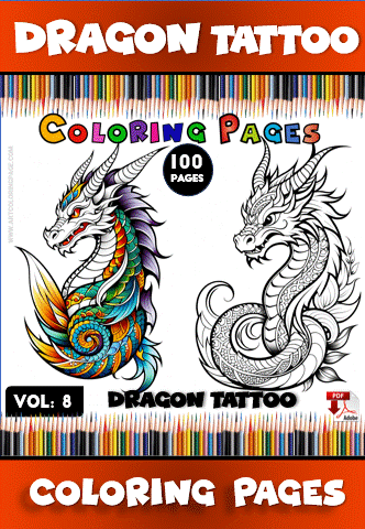 Dragon tattoo coloring pages featuring intricate designs for relaxing creativity. Visit artcoloringpage.com for cozy coloring book options.