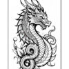 A detailed black and white illustration of a stylized dragon, coiled and facing left, with intricate scales, sharp claws, and flowing mane, accompanied by decorative leaves in the foreground.