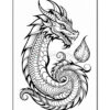 A detailed black and white illustration of a dragon, featuring intricate patterns on its body and a curled tail, accompanied by a leaf. The dragon has prominent horns and an expressive face, showcasing artistic line work texture.