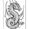 A detailed black and white illustration of a dragon with intricate scales, curled body, and large wings, featuring a fierce expression and decorative patterns throughout its design.