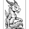 A cartoon-style dragon sitting with an animated expression, featuring prominent horns, a scaly body, and a long, curling tail, outlined in black on a white background.