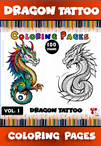Dragon tattoo coloring pages featuring colorful designs and intricate line art, available in a cozy coloring book format at artcoloringpage.com.