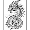 A detailed black and white illustration of a dragon with intricate scales and a fierce expression, coiled elegantly around a large leaf, showcasing its long body and curved tail.