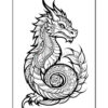 A detailed black and white illustration of a dragon, featuring intricate patterns and swirling designs along its body, claws, and tail, with sharp facial features and decorative elements in a stylized art form.