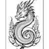 A detailed black and white illustration of a dragon twisting elegantly, surrounded by flowing leaves. The dragon features intricate scales and a prominent, fierce expression.