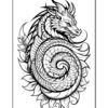 An intricate black and white illustration of a dragon coiled in an elegant spiral, featuring detailed scales, sharp claws, and flowing tendrils, surrounded by stylized leaves.