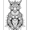 A detailed black and white illustration of a stylized dragon with intricate patterns, featuring horns, a fierce expression, and decorative elements like scales and leaves surrounding its body.