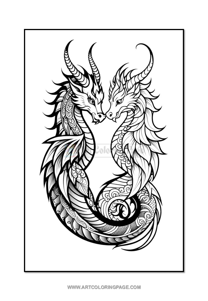 A stylized black and white illustration of two dragons intertwining, featuring detailed scales and horns, with intricate patterns on their bodies, facing each other in a symmetrical design.