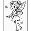 A playful cartoon fairy with large wings, wearing a dress and sandals, stands with one hand open while smiling. Two butterflies flit nearby, and the image is outlined for coloring.
