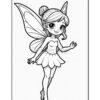 A cartoon fairy character with large wings, short hair, and a playful expression, wearing a sleeveless dress. She is standing with one hand raised and a slight smile, surrounded by a plain background for coloring.
