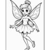 A whimsical fairy character with large, intricately patterned wings, a bun hairstyle, and a dress made of petals, striking a playful pose with one leg lifted. The image is in black and white, intended for coloring.