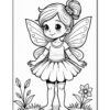 A black and white illustration of a smiling fairy girl with butterfly wings. She has a cute hairstyle with a flower accessory and is wearing a short dress. Surrounding her are simple outlines of plants and flowers, set against a plain background.