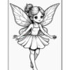 A fairy character with large, colorful wings, wearing a simple dress, and standing in a playful pose with outstretched arms. The illustration is in black and white, designed for coloring.
