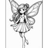 A cheerful fairy with butterfly wings, wearing a sleeveless top and a short skirt, is standing on one leg with her arms slightly outstretched, smiling brightly. The illustration is in black and white, showcasing details in her hair and the wings.